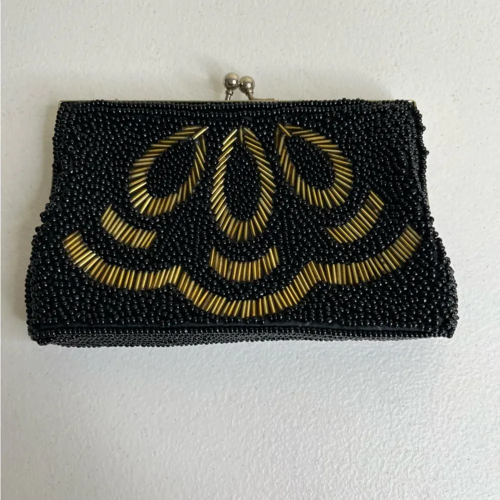 Vintage Beaded Kiss Lock Black Gold Clutch Handbag Purse Handmade Hong Kong